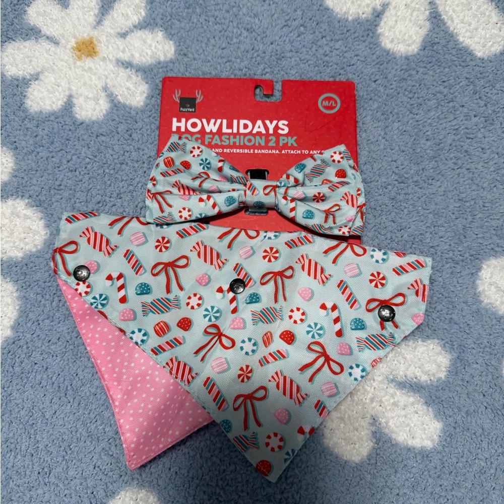 Fashion Dog Bandana and Bow Tie Set - Festive Blue and Pink